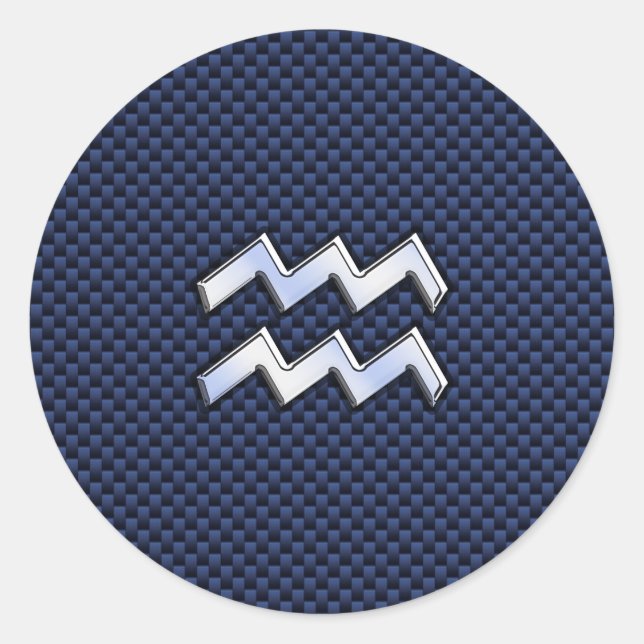 Aquarius Zodiac Sign on navy blue carbon fiber Classic Round Sticker (Front)