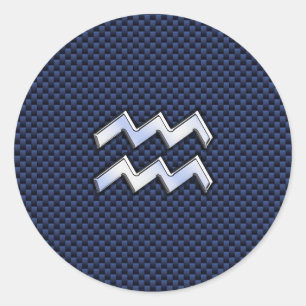 Aquarius Zodiac Sign on navy blue carbon fiber Classic Round Sticker