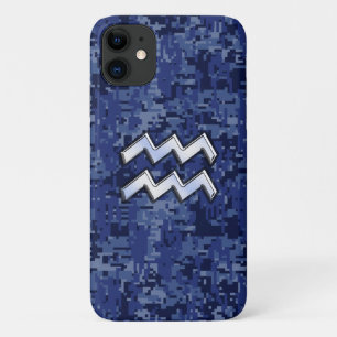 Aquarius Zodiac Sign on navy blue digital camo iPhone 11 Case