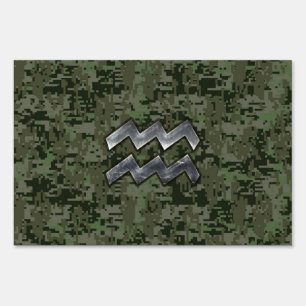 Aquarius Zodiac Sign on olive green digital camo