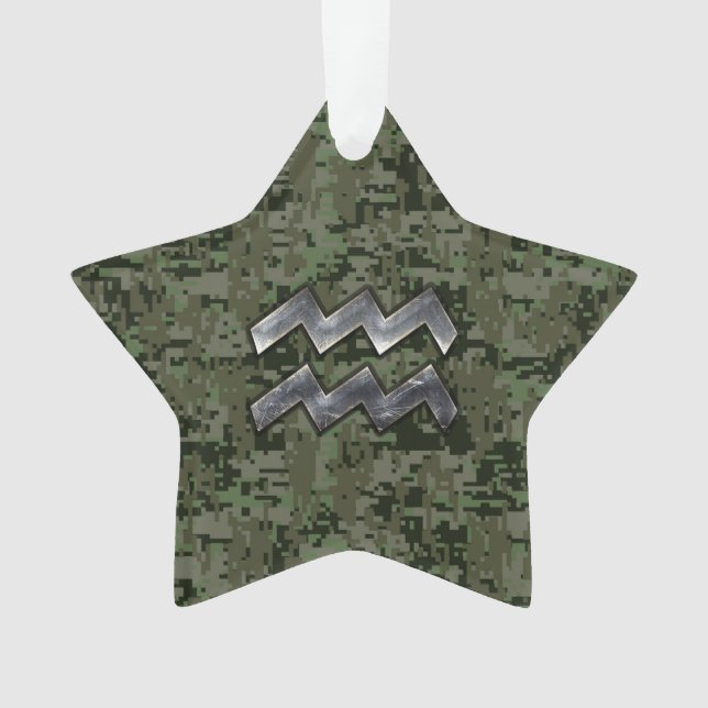Aquarius Zodiac Sign on olive green digital camo Ornament (Front)