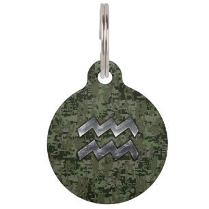 Aquarius Zodiac Sign on olive green digital camo Pet Name Tag