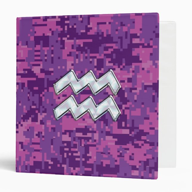 Aquarius Zodiac Sign on Pink Digital Camouflage 3 Ring Binder (Front/Inside)