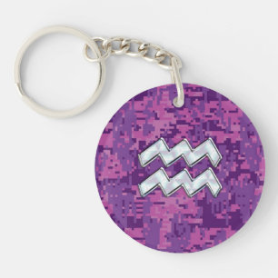 Aquarius Zodiac Sign on Pink Digital Camouflage Keychain
