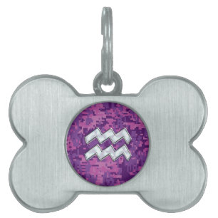 Aquarius Zodiac Sign on Pink Digital Camouflage Pet Tag
