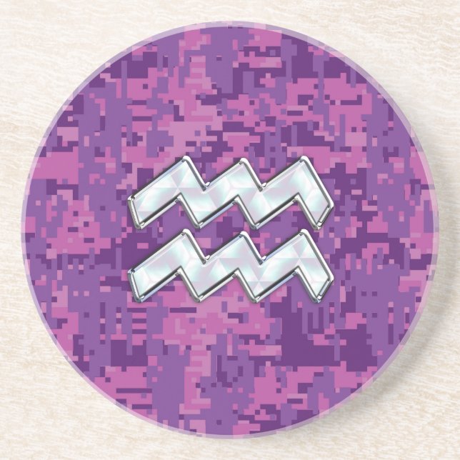 Aquarius Zodiac Sign on Pink Digital Camouflage Sandstone Coaster (Front)