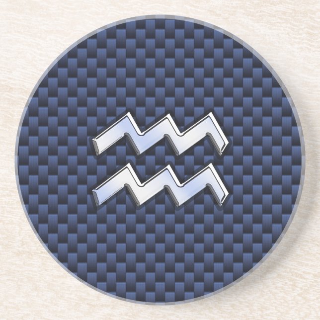 Aquarius Zodiac Sign on Royal Blue Carbon Fiber Coaster (Front)