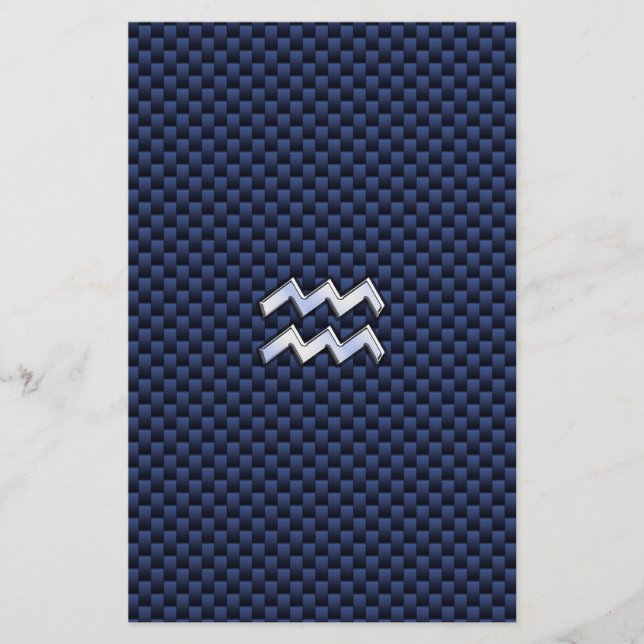 Aquarius Zodiac Sign on Royal Blue Carbon Fiber Stationery (Front)