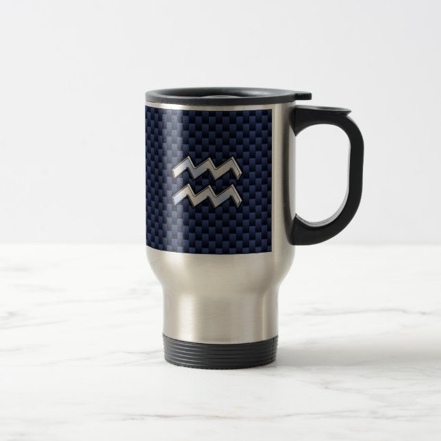 Aquarius Zodiac Sign on Royal Blue Carbon Fiber Travel Mug (Right)