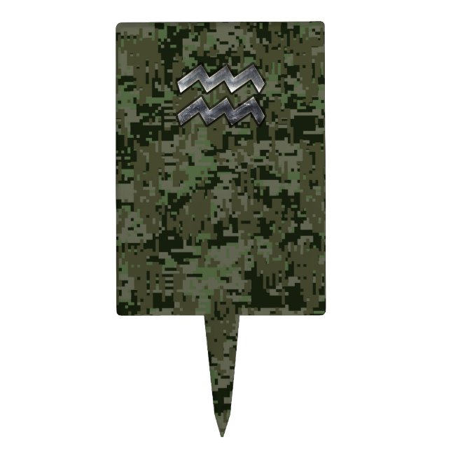Aquarius Zodiac Sign on Woodland Digital Camo Cake Topper (Front)