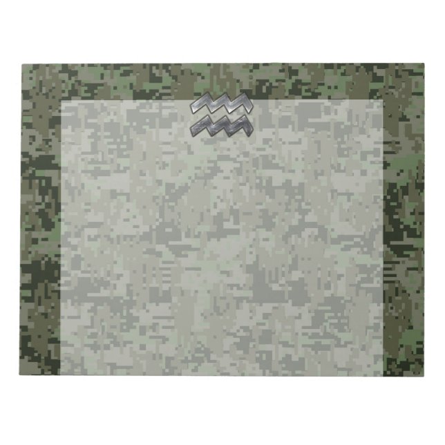 Aquarius Zodiac Sign on Woodland Digital Camo Notepad (Front)