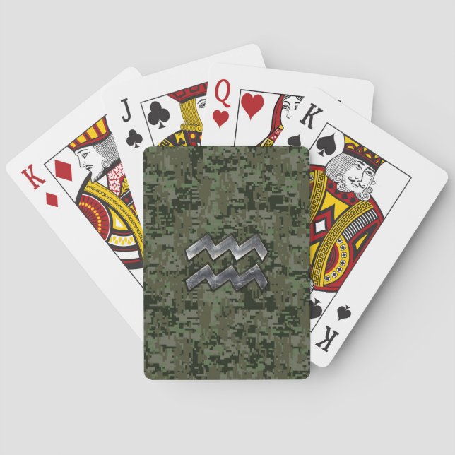 Aquarius Zodiac Sign on Woodland Digital Camo Poker Cards (Back)