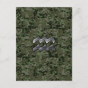Aquarius Zodiac Sign on Woodland Digital Camo Postcard