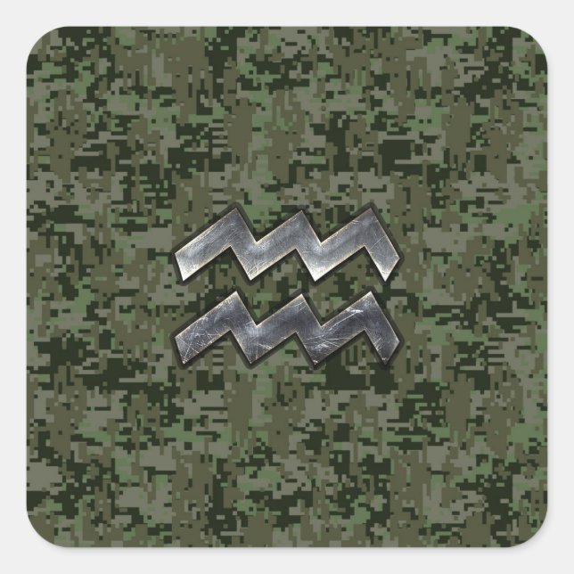 Aquarius Zodiac Sign on Woodland Digital Camo Square Sticker (Front)