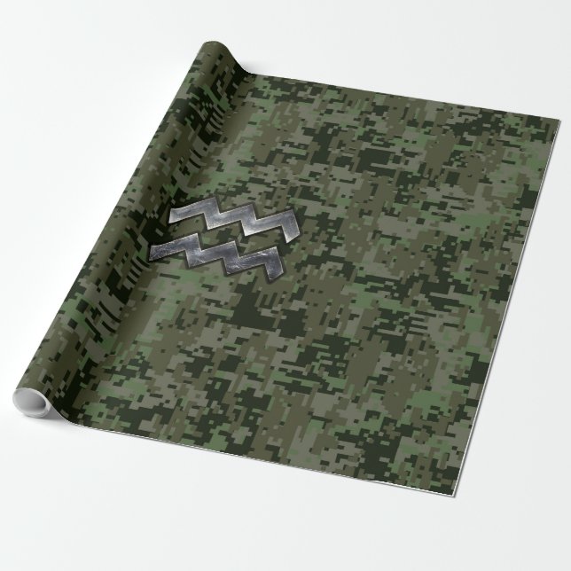 Aquarius Zodiac Sign on Woodland Digital Camo Wrapping Paper (Unrolled)