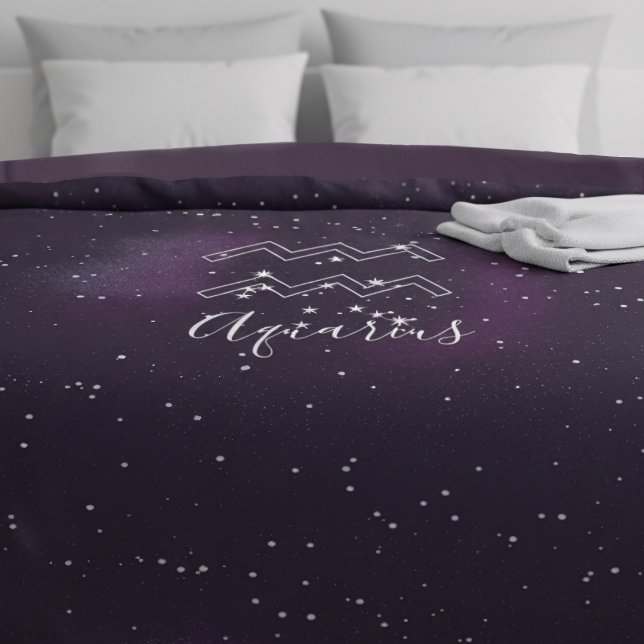 Aquarius Zodiac Sign Purple Galaxy Duvet Cover (A purple galaxy inspired duvet cover with the zodiac sign of Aquarius, the water bearer. )