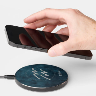 Aquarius zodiac sign silver teal personalized wireless charger