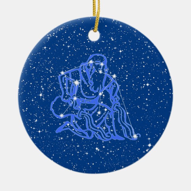 Aquarius Zodiac Sign with Stars on Deep Blue  Cera Ceramic Ornament (Front)