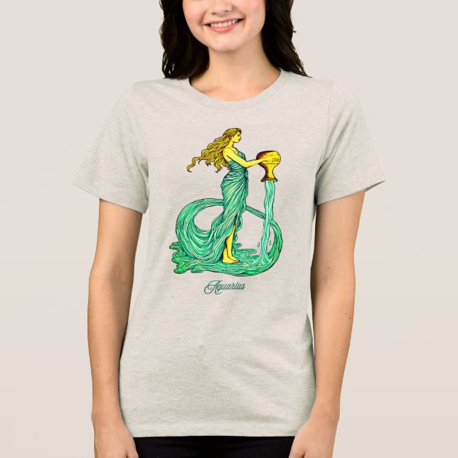 Aquarius Zodiac Sign, Woman with Flowing Water Tri-Blend Shirt (Front)