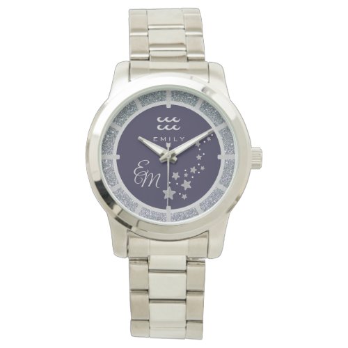 Aquarius Zodiac Silver Glitter Dark Blue Monogram Watch