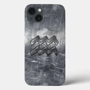 Aquarius Zodiac Symbol Distressed Silver Steel iPhone 13 Case