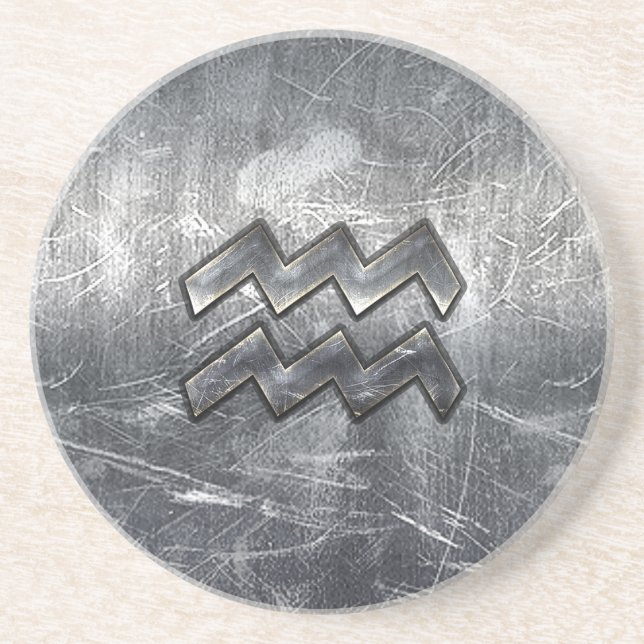 Aquarius Zodiac Symbol Distressed Silver Steel Drink Coaster (Front)