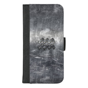 Aquarius Zodiac Symbol Distressed Silver Steel iPhone 8/7 Plus Wallet Case