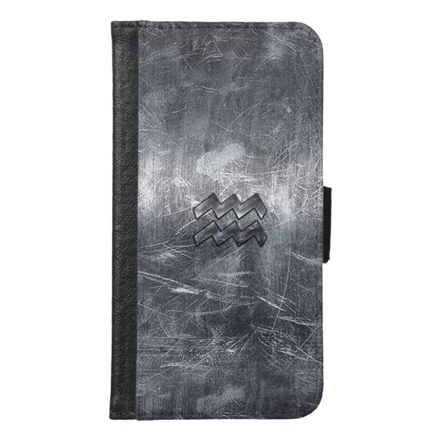 Aquarius Zodiac Symbol Distressed Silver Steel Samsung Galaxy Wallet Case (Front)