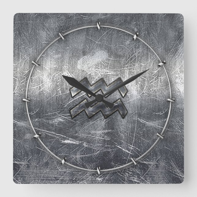Aquarius Zodiac Symbol Distressed Silver Steel Square Wall Clock (Front)