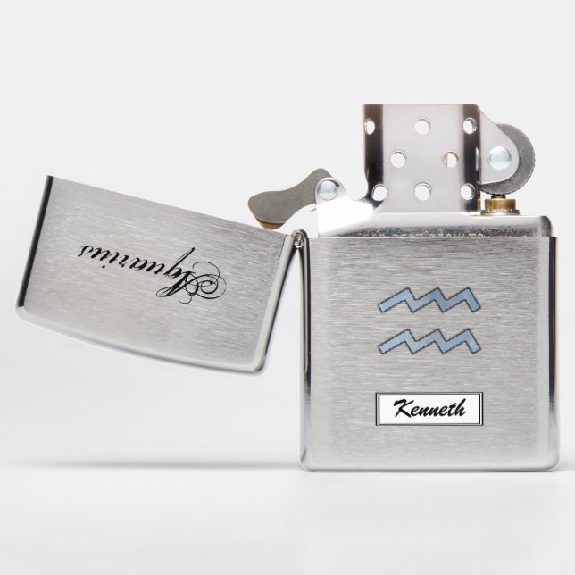 Aquarius Zodiac Symbol Element by Kenneth Yoncich Zippo Lighter (Opened)