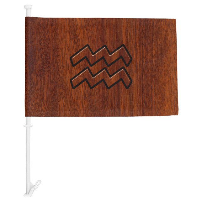 Aquarius Zodiac Symbol Mahogany Wood Style Car Flag (Front)