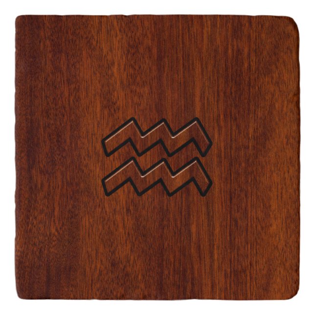 Aquarius Zodiac Symbol Mahogany Wood Style Trivet (Front)