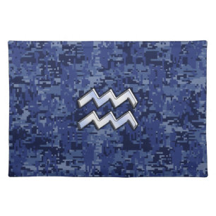 Aquarius Zodiac Symbol on blue digital camo decor Placemat