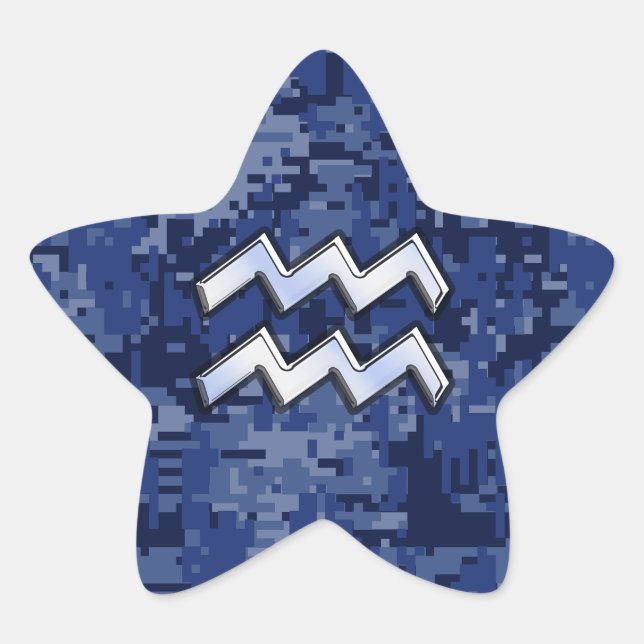 Aquarius Zodiac Symbol on blue digital camo decor Star Sticker (Front)