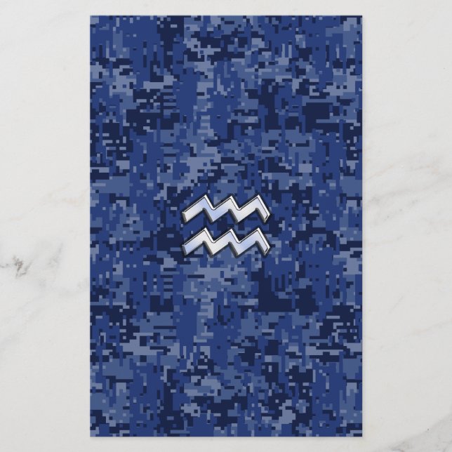 Aquarius Zodiac Symbol on blue digital camo decor Stationery (Front)