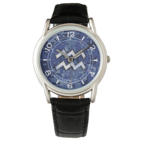 Aquarius Zodiac Symbol on blue digital camo dial Watch