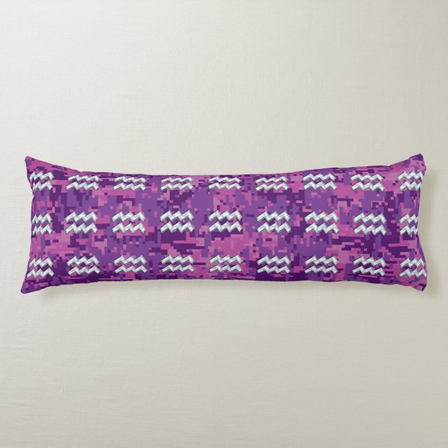 Aquarius Zodiac Symbol on fuchsia digital camo Body Pillow (Front)
