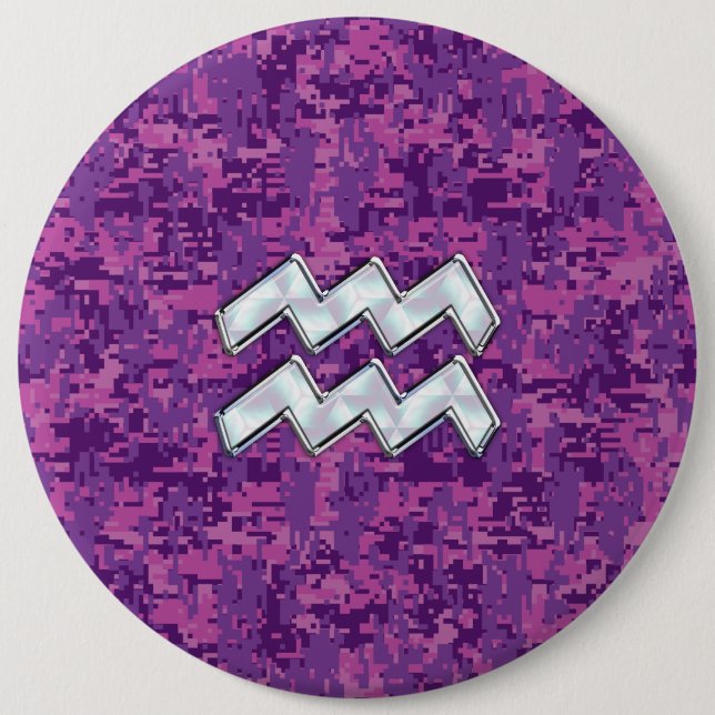 Aquarius Zodiac Symbol on fuchsia digital camo Button (Front)