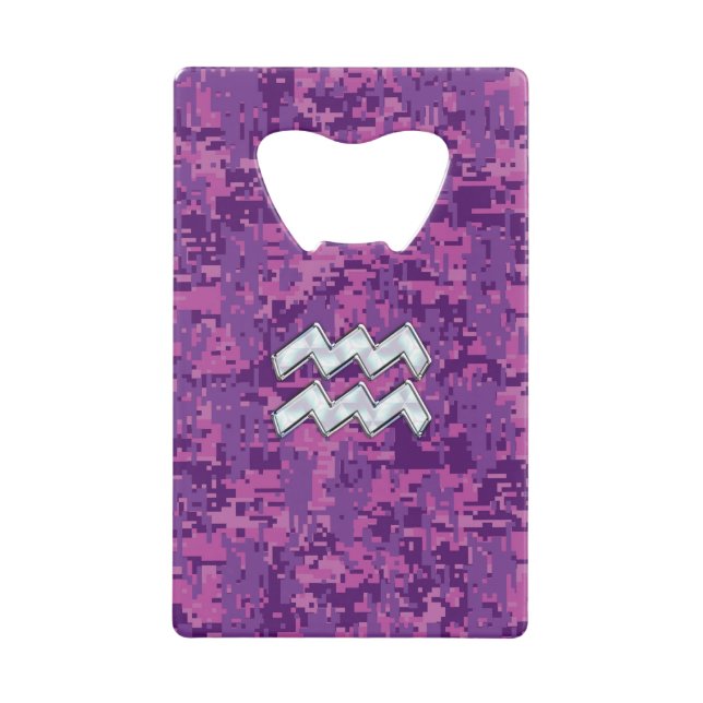 Aquarius Zodiac Symbol on fuchsia digital camo Credit Card Bottle Opener (Front)