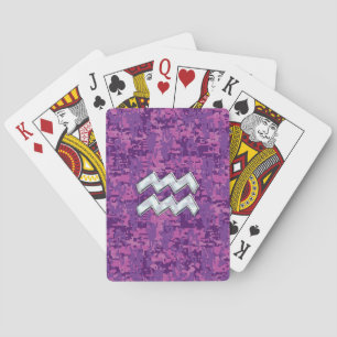 Aquarius Zodiac Symbol on fuchsia digital camo Poker Cards