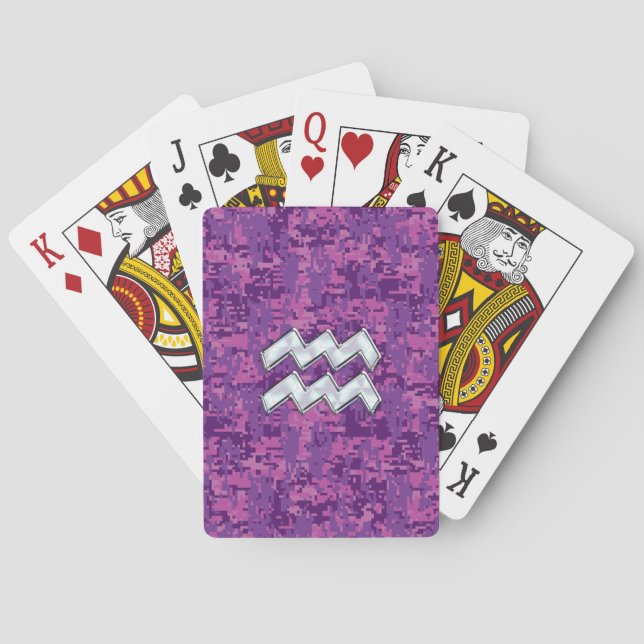 Aquarius Zodiac Symbol on fuchsia digital camo Poker Cards (Back)