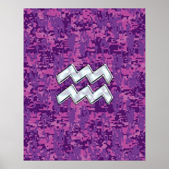 Aquarius Zodiac Symbol on fuchsia digital camo Poster (Front)