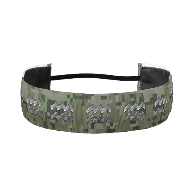 Aquarius Zodiac Symbol on Green Digital Camouflage Athletic Headband (Front)