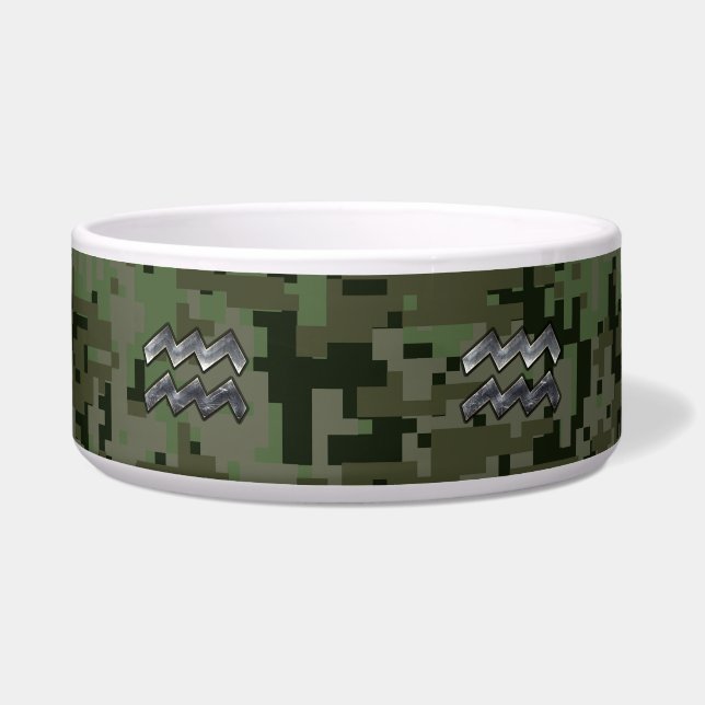 Aquarius Zodiac Symbol on Green Digital Camouflage Bowl (Front)