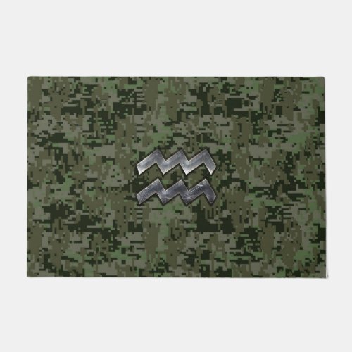 Aquarius Zodiac Symbol on Green Digital Camouflage Doormat