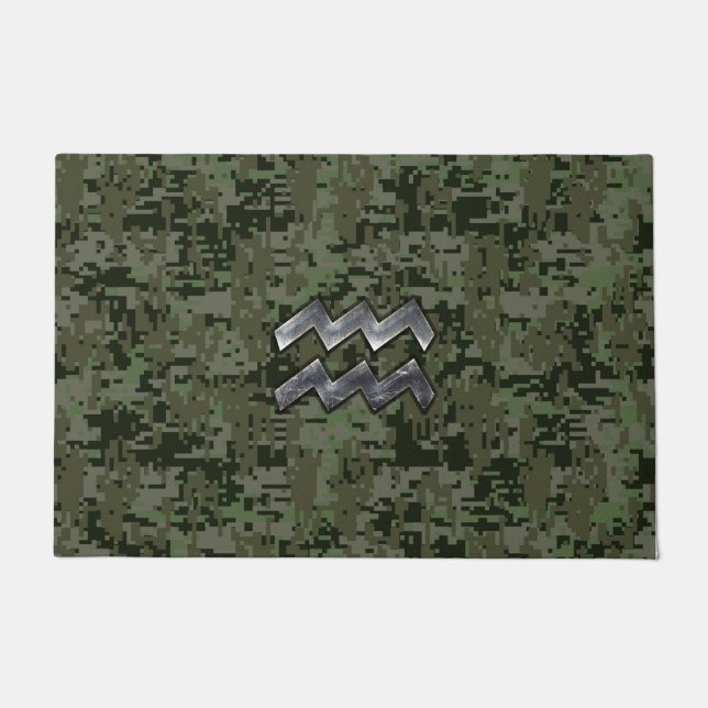 Aquarius Zodiac Symbol on Green Digital Camouflage Doormat (Front)