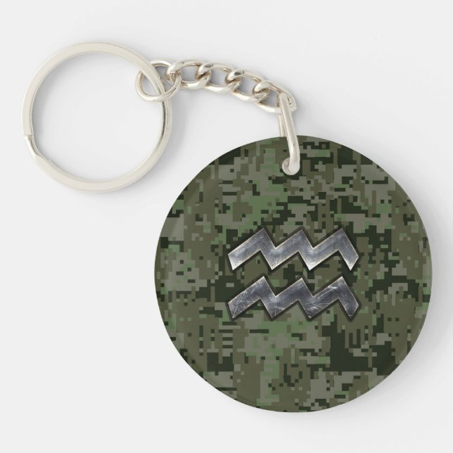 Aquarius Zodiac Symbol on Green Digital Camouflage Keychain (Front)