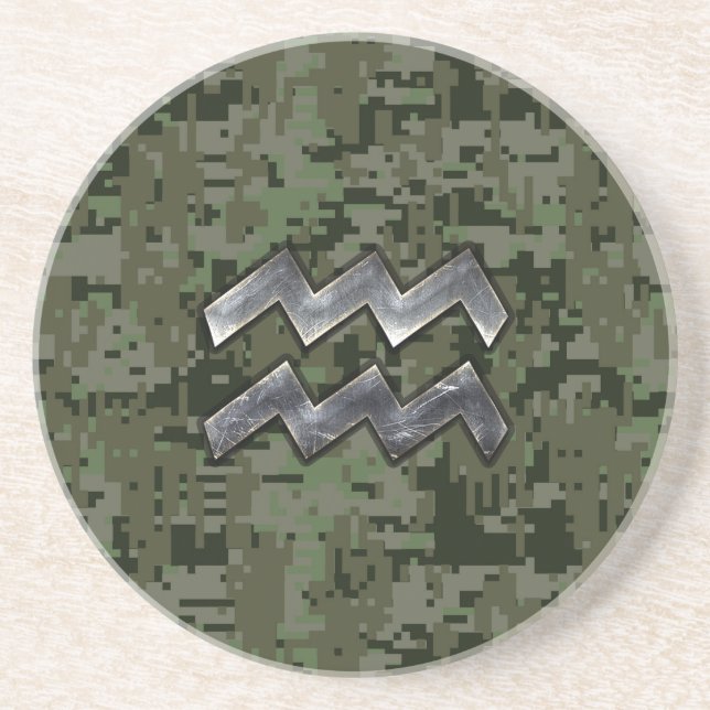 Aquarius Zodiac Symbol on Green Digital Camouflage Sandstone Coaster (Front)