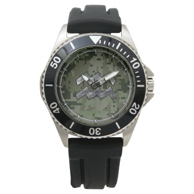 Aquarius Zodiac Symbol on Green Digital Camouflage Watch (Front)