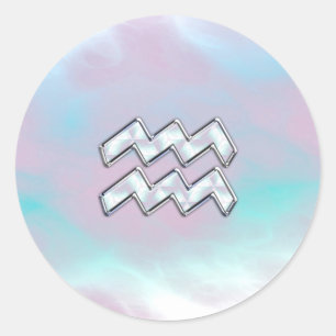 Aquarius Zodiac Symbol on Mother of Pearl Nacre Classic Round Sticker